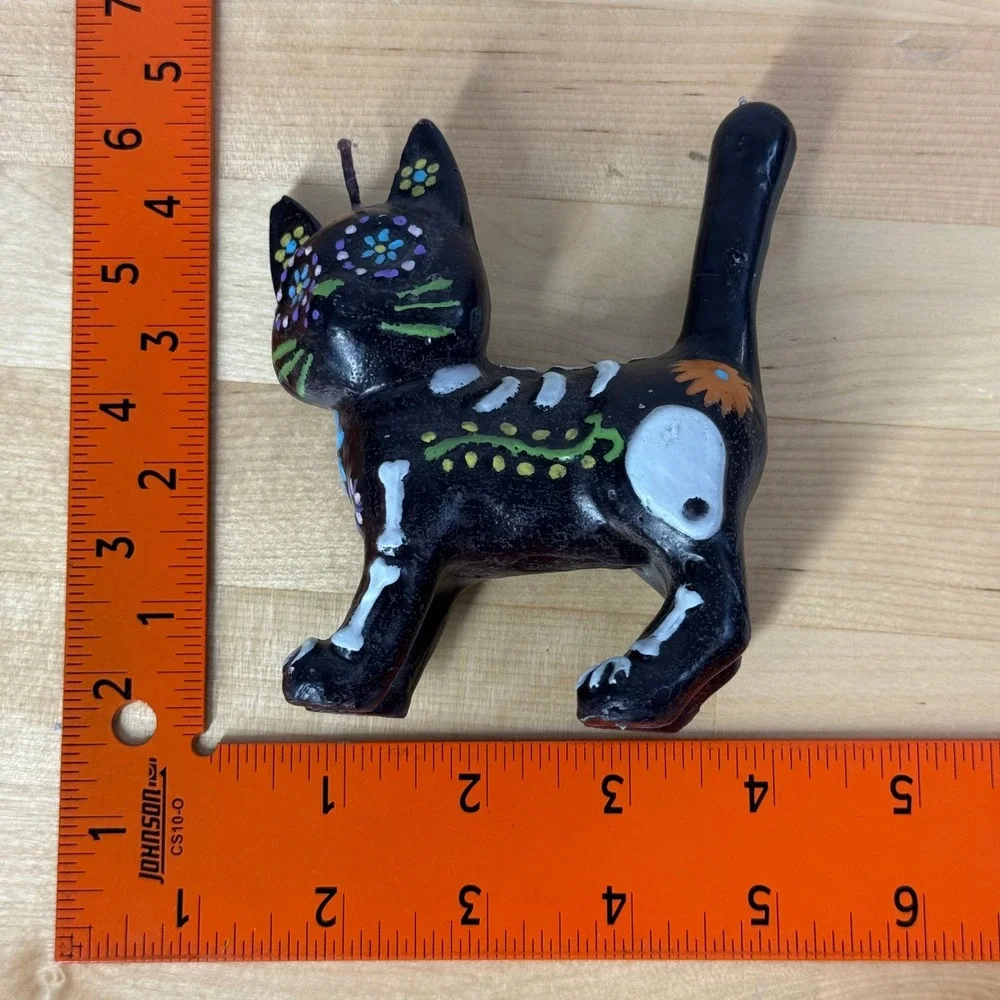 Day of the Dead Black Cat Skeleton Candle Hand Painted Dia de los Muertos Decor